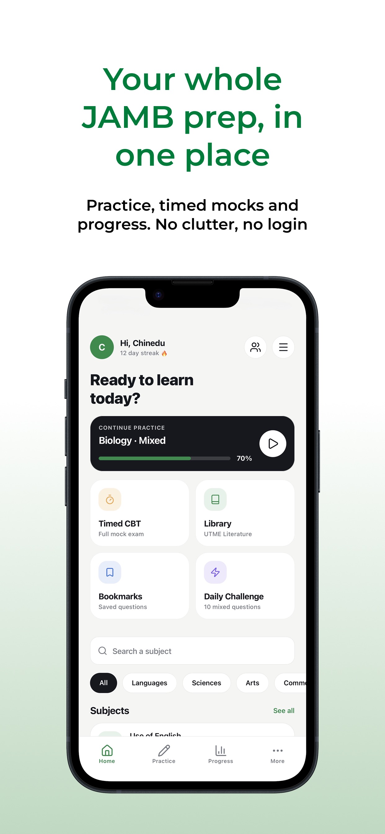 JAMB Pro home screen showing a Biology practice session in progress, timed CBT mock, offline library and daily challenge